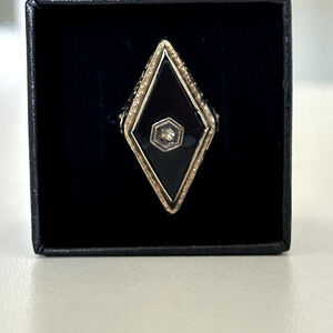 Vintage 14K White Gold Art Deco Black Onyx Diamond Filigree Ring Size 6.5